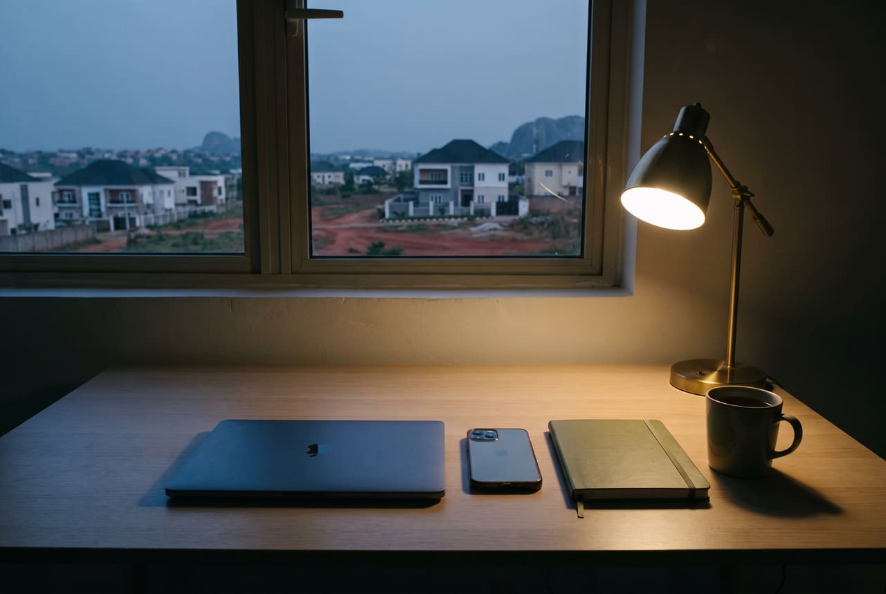 A phone face down beside a closed laptop on a desk at dusk, one lamp lit
