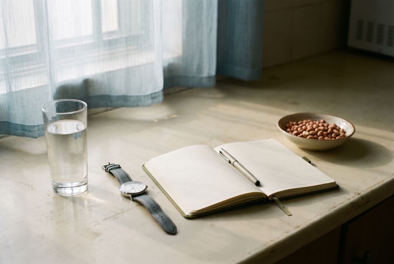 A kitchen counter with a glass of water, a watch and a ruled notebook in morning light