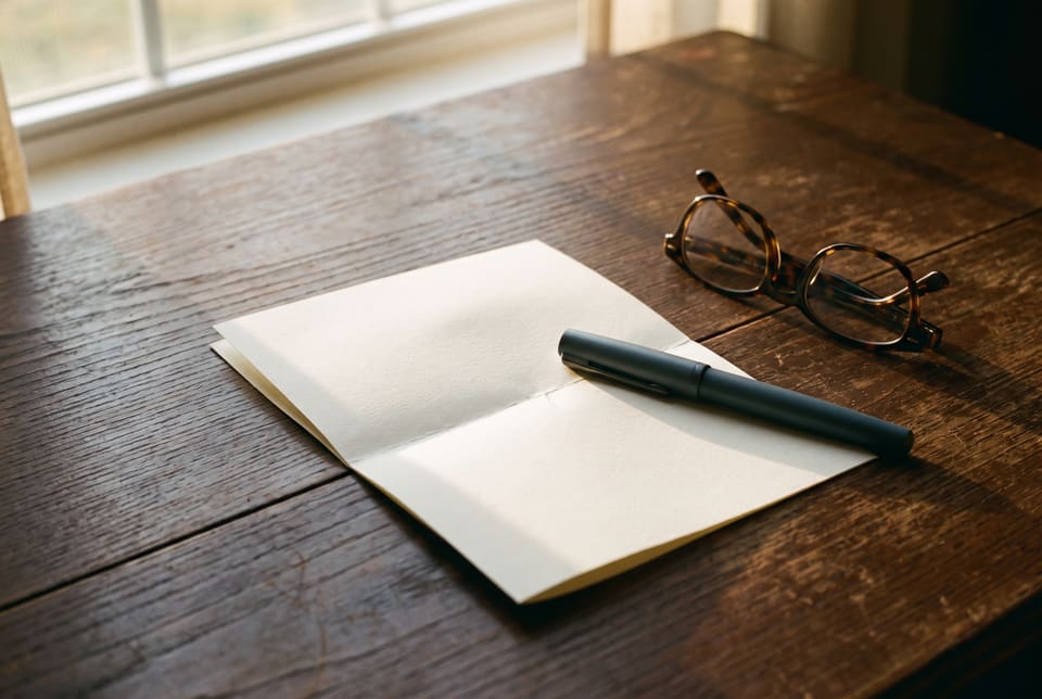 A folded results sheet lying face down under a pen on a wooden desk